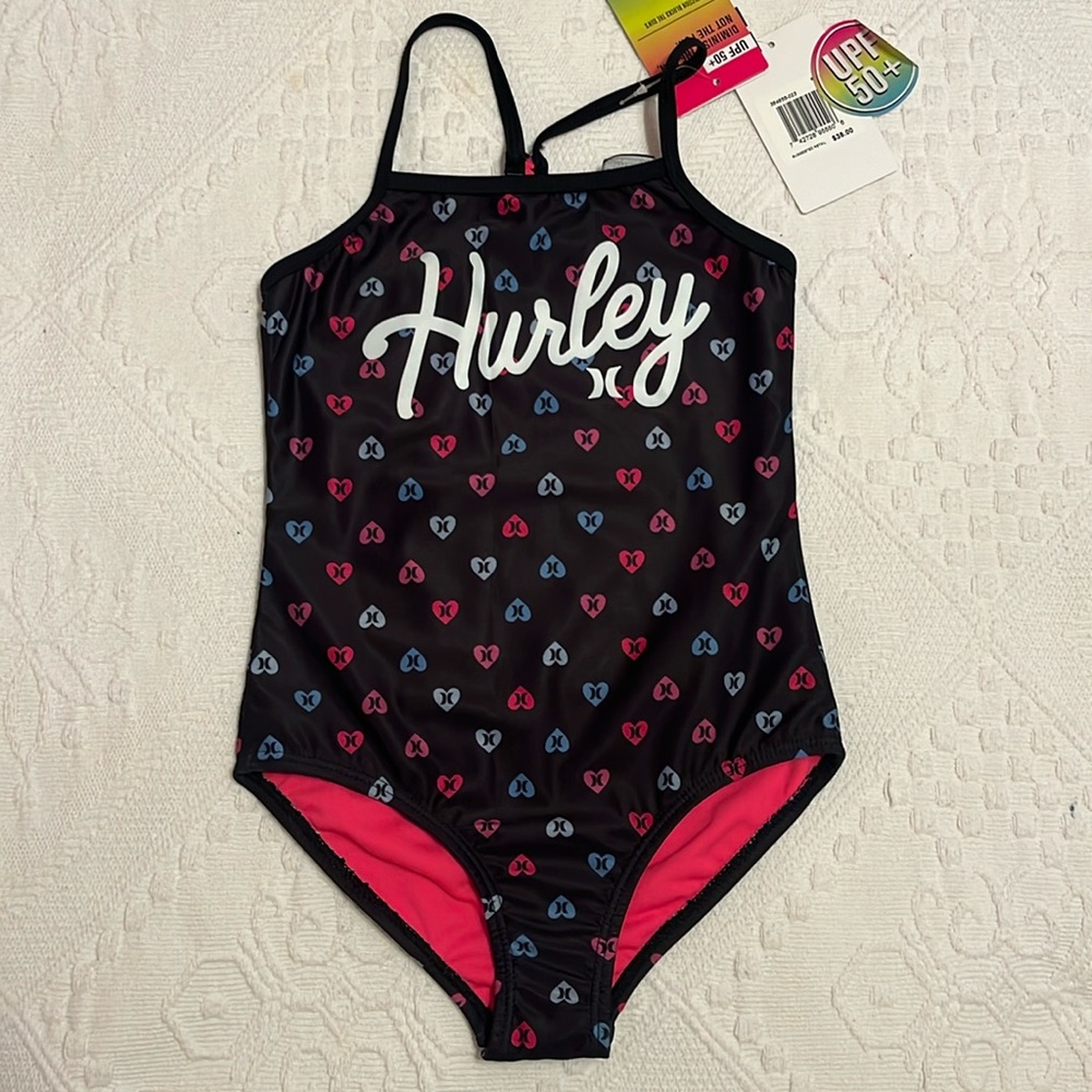 NWT Hurley One Piece Swimming Suit Girls Size 6 UPF 50+ Quick Dry